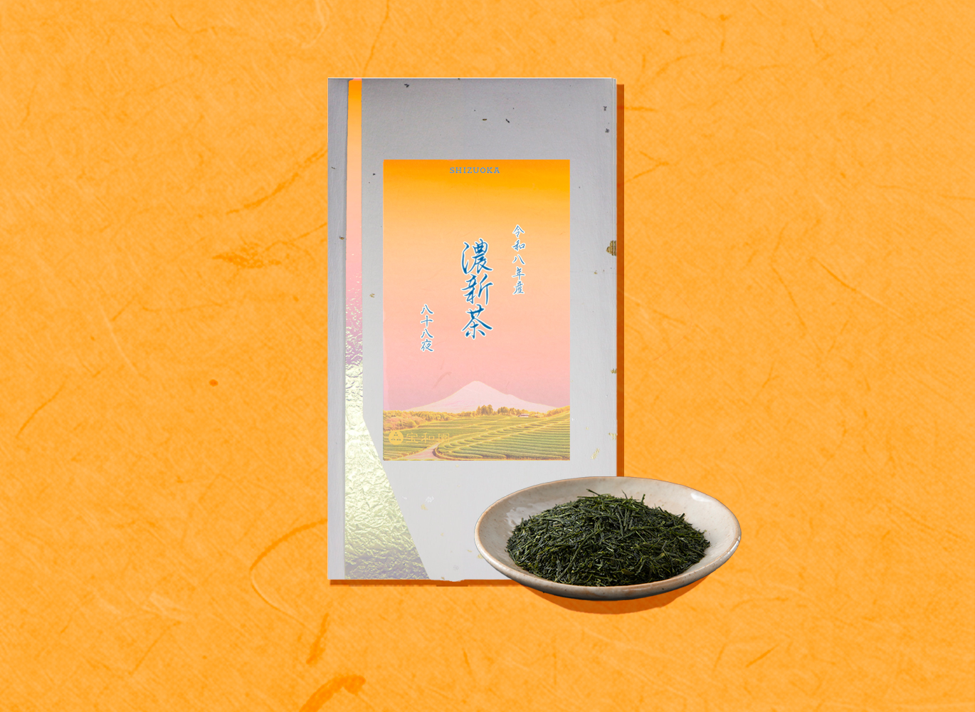 八十八夜摘みのプレミアムブレンド茶のパッケージと茶葉